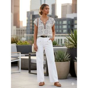 Danielrainn Blouse Women's Size L Beige Multicolor Tassel Short Sleeve Casual